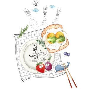 Cartoon animal kitchen stickers featuring a giraffe plate and cute food illustrations
