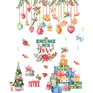 Christmas wall decal set with watercolor tree gifts and ornaments for window decor