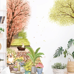 Cartoon cherry blossom trees wall sticker with dogs and plants for home decor