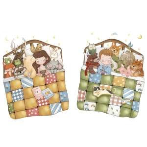 Cute cartoon kids room wall stickers featuring girls, boys and sleeping animals decor