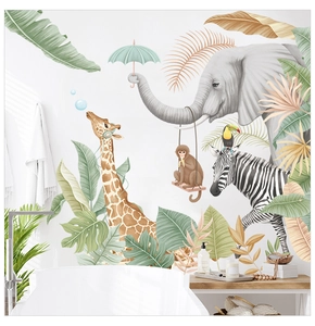 Detailed jungle animal wall decals with elephants and giraffes in a cozy bathroom scene
