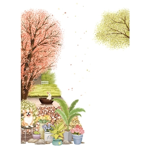 Cartoon cherry blossom tree wall stickers with cute dogs and potted plants for home decor