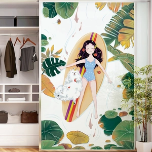Summer Surfing Girl And Samoyed Dog Wall Sticker Tropical Monstera Leaves Waterproof PVC Decal For Bathroom Home Decor