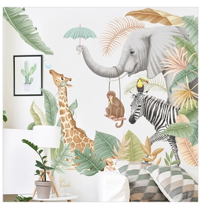 Detail of jungle animal wall stickers featuring an elephant with umbrella and tropical leaves