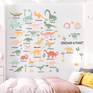 Stickers muraux alphabet dinosaures pour chambre enfant avec 26 espèces aux tons pastels