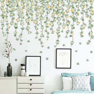 Nordic wall decals with green vines and white daisies for living room corner decoration
