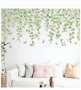 Detail showing hanging morning glory wall stickers with green leaves and butterflies