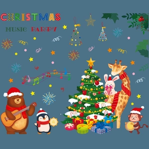 Christmas music party wall decals featuring cartoon animals and festive Xmas tree decorations