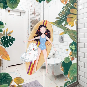 Girl surfing with dog wall decal and tropical plant stickers for bathroom glass