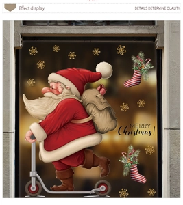 Detail of Christmas window sticker showing Santa Claus on scooter with Merry Christmas text