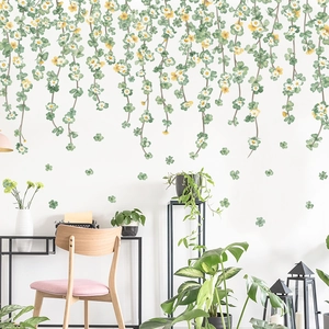 Nordic wall decal with green clover and daisy floral vine for living room decoration