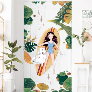 Nordic wall decal with girl on surfboard, tropical leaves and puppy decoration