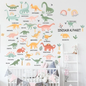 Stickers muraux alphabet dinosaures pour déco de chambre d'enfant aux tons doux
