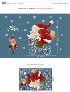 Detail of Santa on bicycle window decal with Merry Christmas text and size specifications