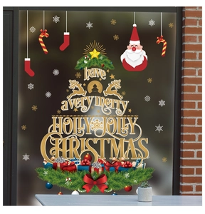 Detailed Christmas tree window decals with festive lettering and holiday motifs on glass