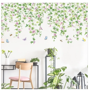 Morning glory floral wall stickers showing vines and butterflies in a modern living room