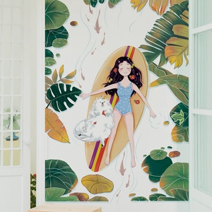 Nordic wall sticker featuring girl with dog on surfboard among tropical leaves