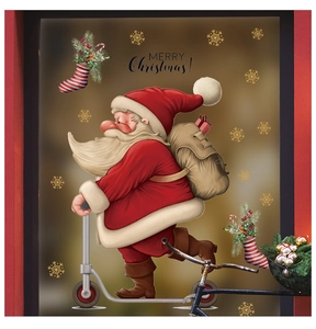 Detail of Santa Claus on scooter window sticker with Merry Christmas text and snowflakes