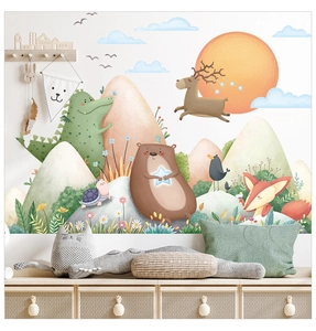 Detail showing cartoon animals wall stickers including bear and fox for kids bedroom