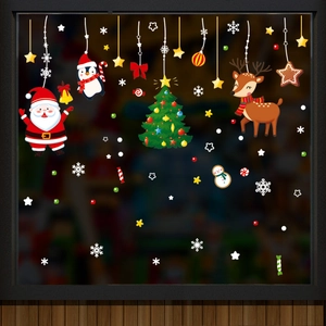 Cartoon Santa and reindeer static window stickers for Christmas glass decor