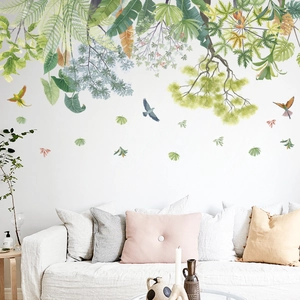 Tropical Green Plant Leaves And Birds PVC Wall Stickers Waterproof Removable Self-Adhesive Decals For Living Room Bedroom Home Decor