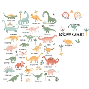 Sticker mural alphabet dinosaure éducatif avec illustrations cartoon et noms d'espèces