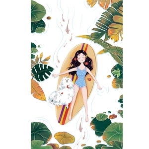 Girl in blue swimwear and Samoyed dog relaxing on yellow surfboard wallpaper mural