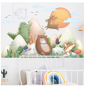 Detailed wall sticker featuring cartoon forest animals like bear, fox and deer for kids room