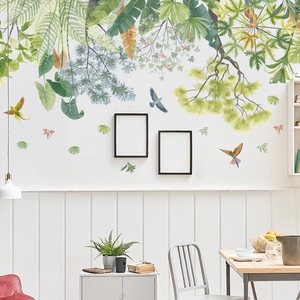 Tropical green plants wall decal with monstera leaves and birds for living room decor