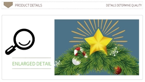 Detail showing golden star, candy cane and snowflake on green Christmas tree wreath
