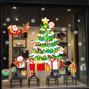 Christmas Wall Stickers Cartoon Santa Claus Reindeer Festive Tree PVC Window Decals For Shop New Year Home Decor Stickers