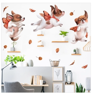 Détail de stickers muraux chiots ailés avec feuilles d'automne dans une chambre cosy