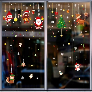 Christmas window static stickers featuring Santa, reindeer, and snowman cartoon decals