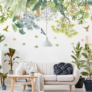 Tropical rainforest wall stickers with green leaves and birds for sofa background decor