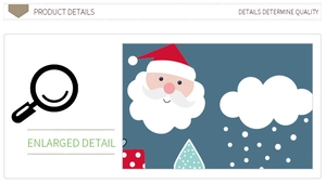 Detail of Christmas window sticker featuring Santa, snowflakes, and festive gift boxes
