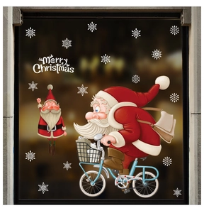 Detailed Christmas window stickers featuring Santa on a bicycle with snowflakes and elves