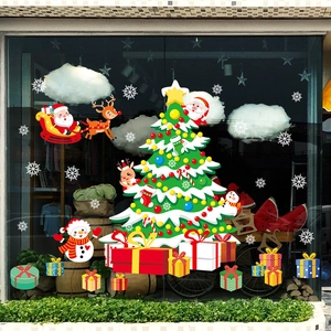 Christmas window decals set with cartoon tree, Santa Claus and snowman for store decoration