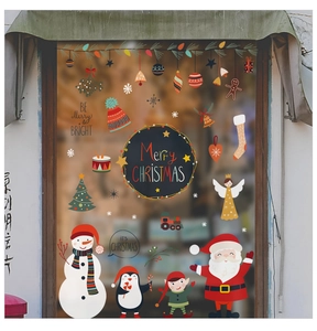 Detail showing colorful snowman and Santa Claus festive window stickers for Christmas
