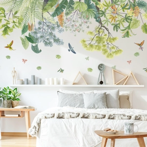 Tropical green plants wall decal with birds and palm leaves for modern bedroom decor