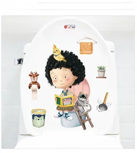 Detail showing a cartoon boy reading on a toilet with cute animal stickers and calligraphy