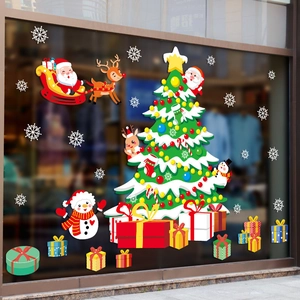 Cartoon Christmas tree and Santa sleigh window stickers for shop festive decoration