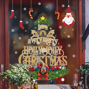 Christmas Tree Wall Sticker PVC Waterproof Window Decal Santa Claus Reindeer Snowflakes Gold Lettering Holiday Glass Decor