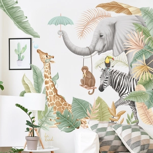 Nordic tropical rainforest wall stickers with elephant giraffe and zebra for kids rooms