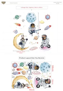 Detailed view of kids space wall decals featuring astronaut dog and moon rabbit elements