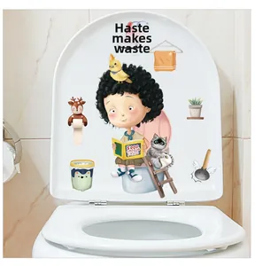 Funny cartoon boy reading on toilet wall sticker for bathroom lid and wall decoration