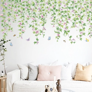 Morning Glory Vine Wall Stickers PVC Waterproof Self-adhesive Floral Decal With Butterflies For Living Room Bedroom Decor