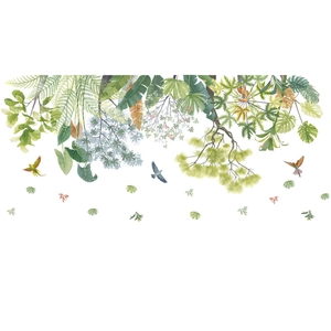 Tropical jungle wall stickers with green leaves and birds for living room wall decor