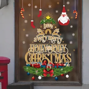 Christmas tree wall stickers with Merry Holly Jolly Christmas text on window glass