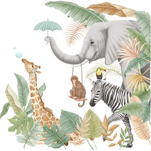 Nordic wall stickers with elephant, giraffe and tropical plants for kids room decor