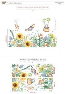 Detail view showing dimensions of sunflower and cat wall stickers for kids' rooms